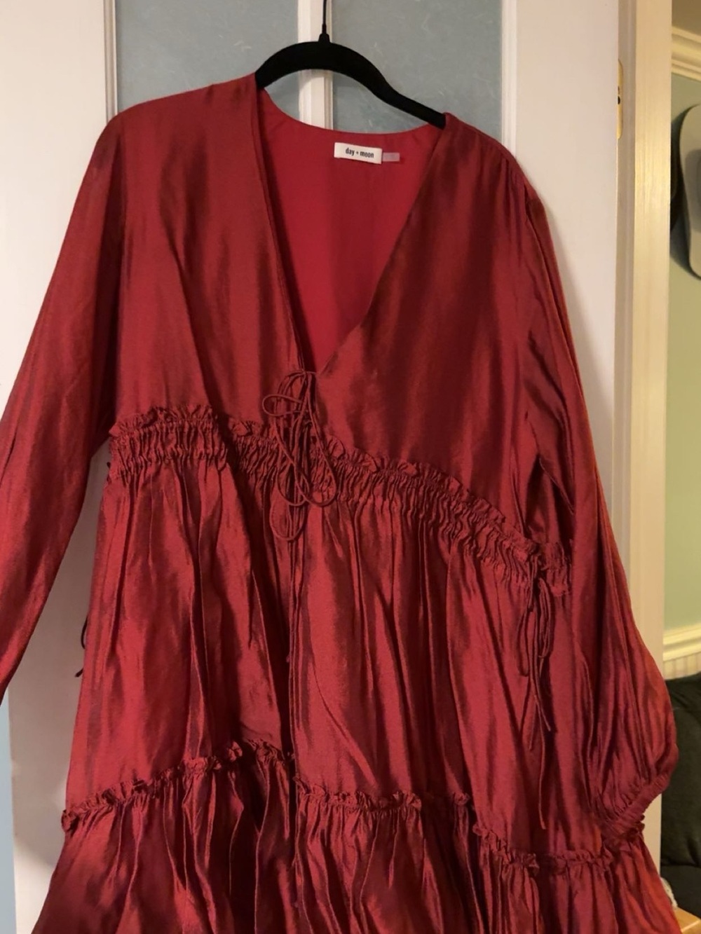 Day + Mood Red Satin Mini Dress with Smocked Waist